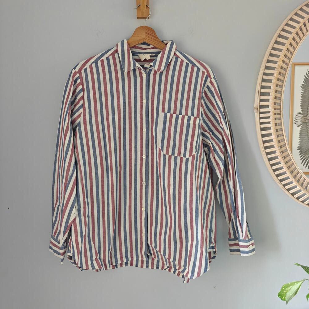 SEZANE Max Shirt Blue Ecru Burgundy Striped Oversized Cotton Button Down Sz 40